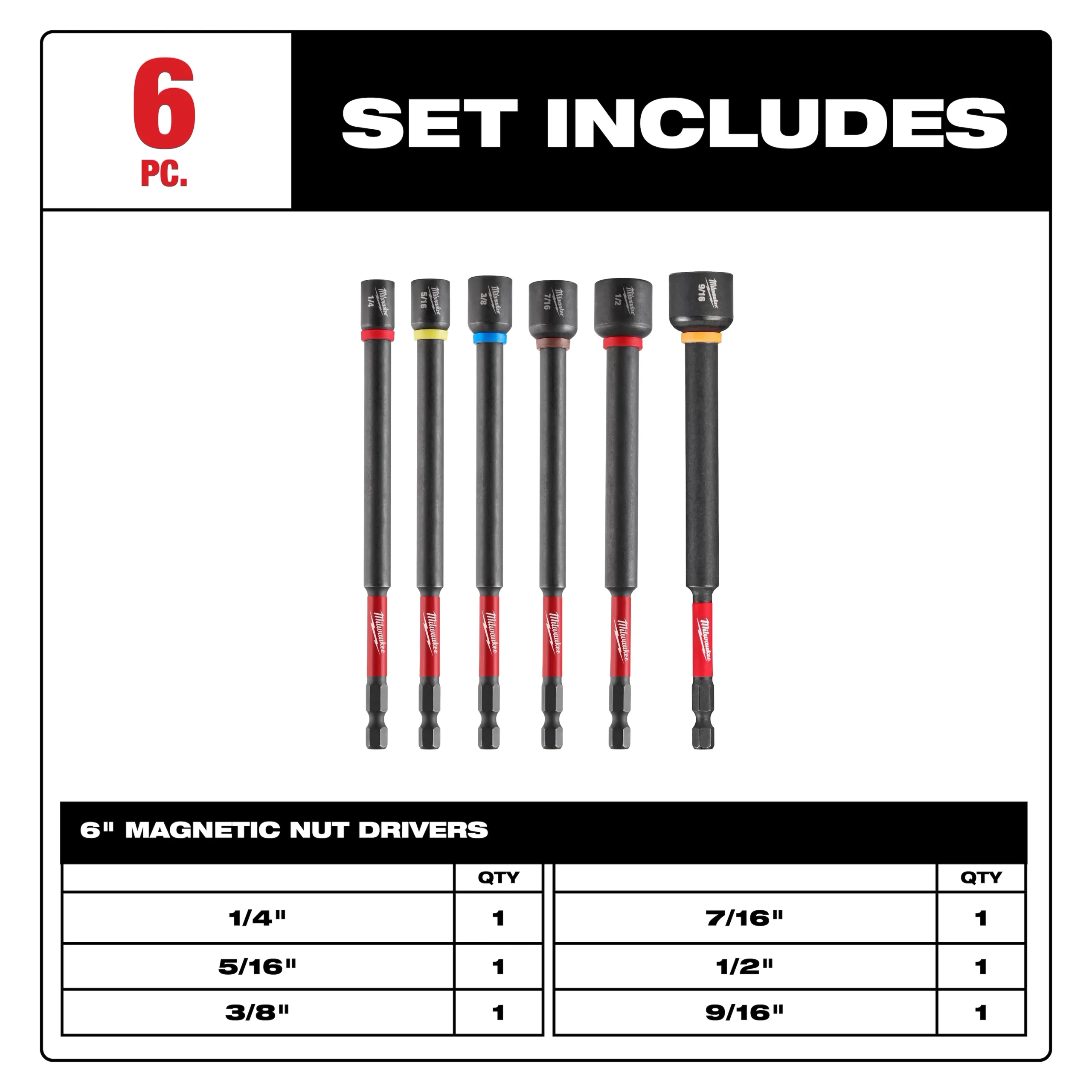 Juego de 6 destornilladores magnéticos para tuercas Shockwave de 6" Milwaukee 49-66-4567 - Imagen 2