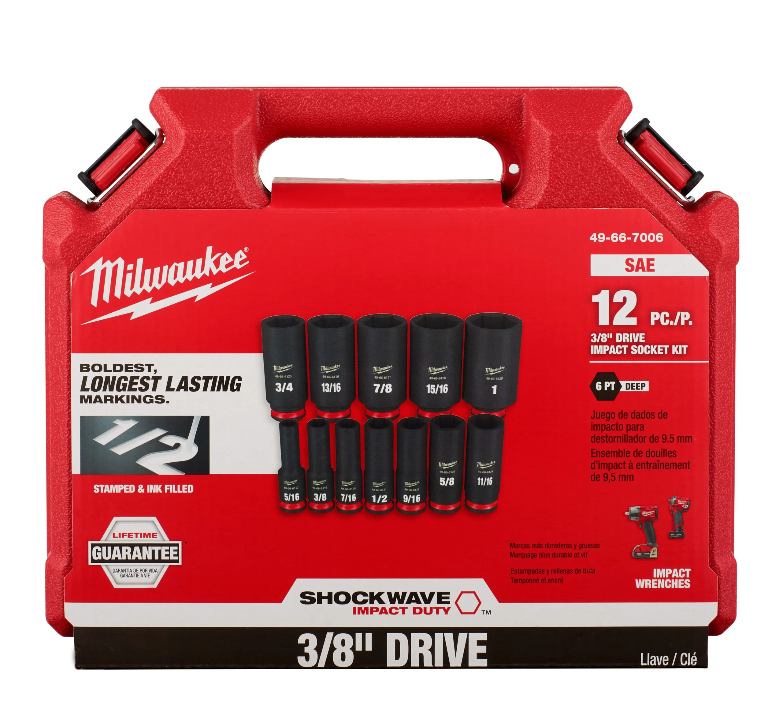 Juego de 12 llaves de vaso de impacto SHOCKWAVE de 3/8" de diámetro y 6 puntas SAE profundas Milwaukee 49-66-7006 - Imagen 2