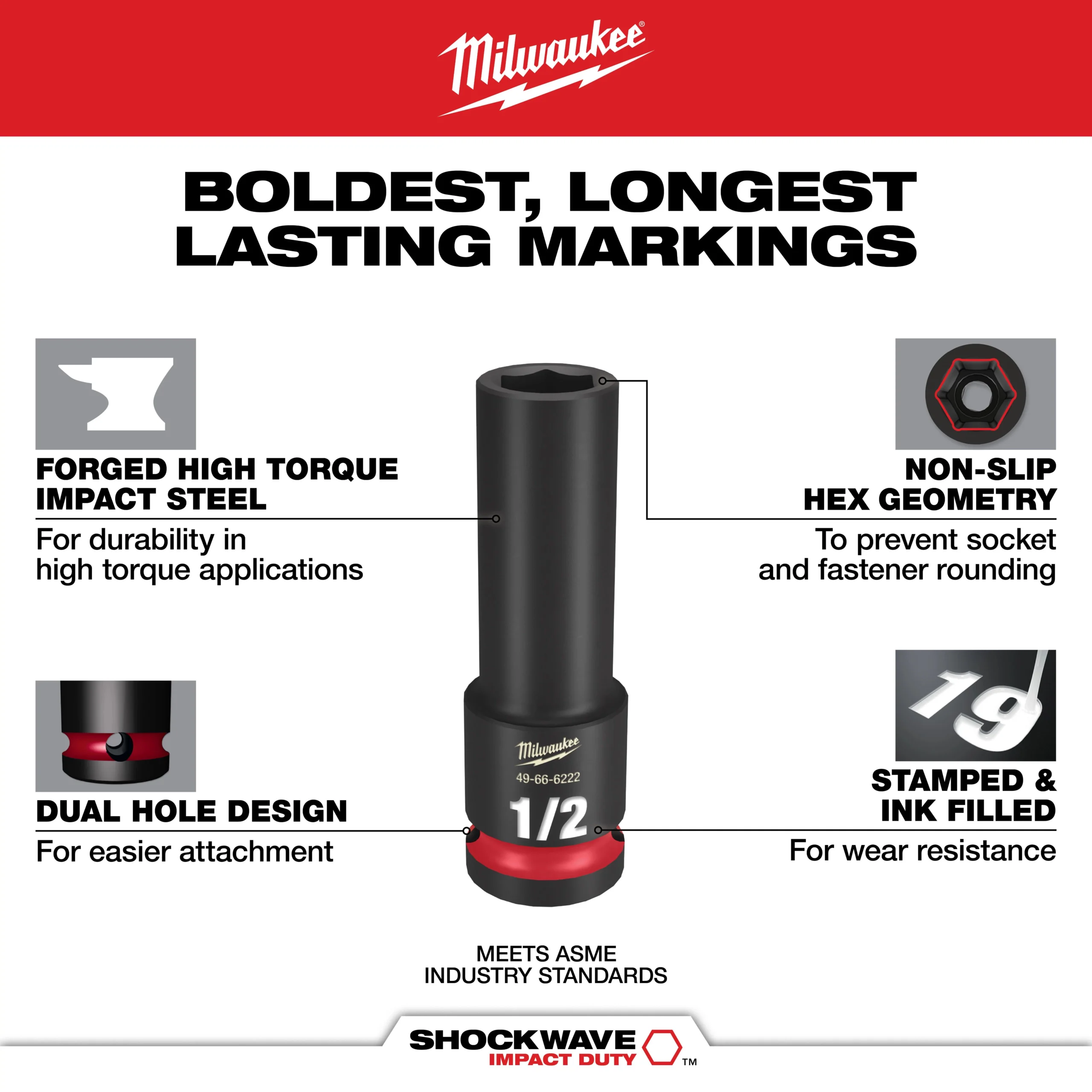 Juego de 12 llaves de vaso de impacto SHOCKWAVE de 3/8" de diámetro y 6 puntas SAE profundas Milwaukee 49-66-7006 - Imagen 3