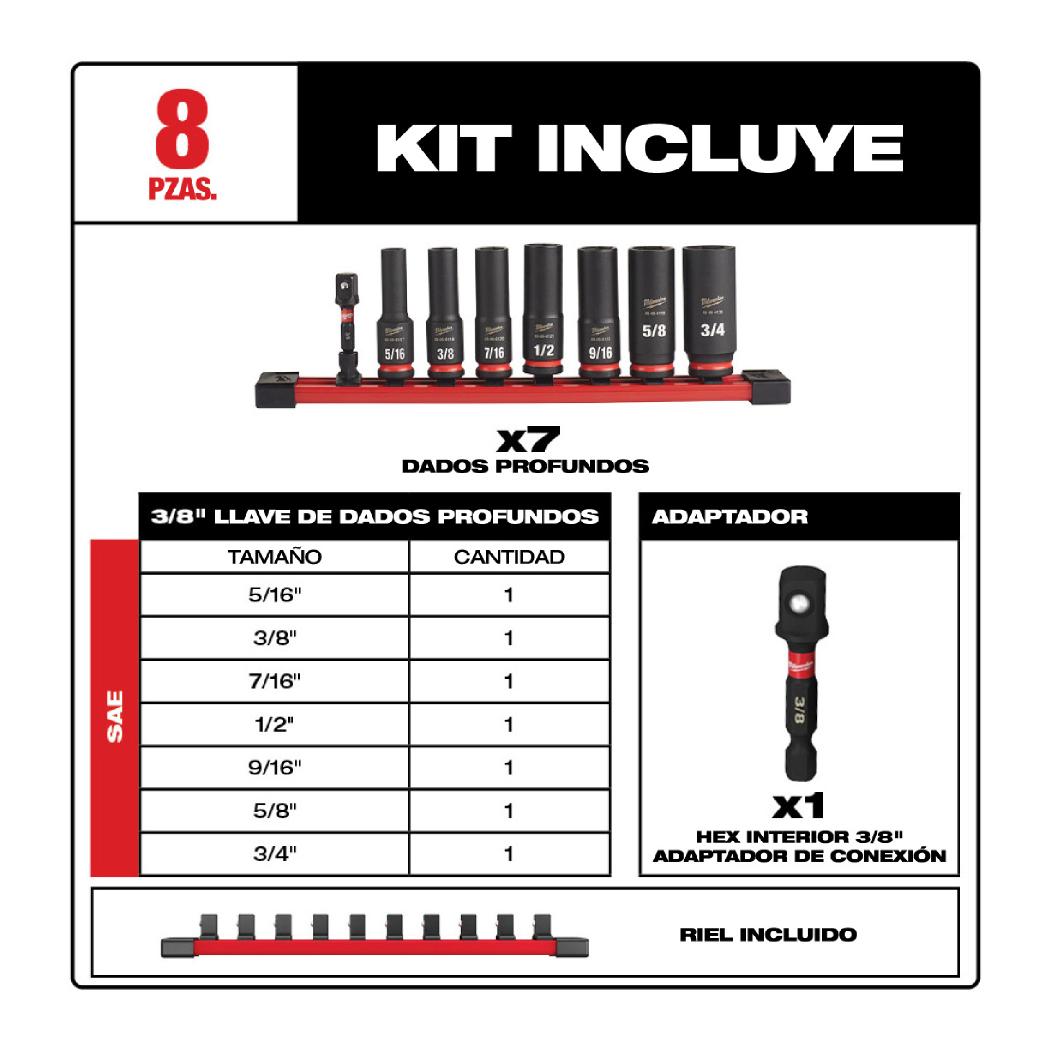 Juego de 8 pzc dados de impacto profundo 3/8" SAE Milwaukee 49-66-7024 - Imagen 2