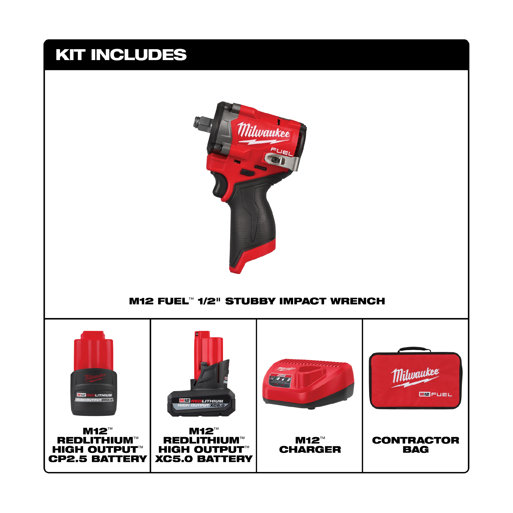 Kit de llave de impacto M12 FUEL Stubby de 1/2" Milwaukee 2563-22 - Imagen 2